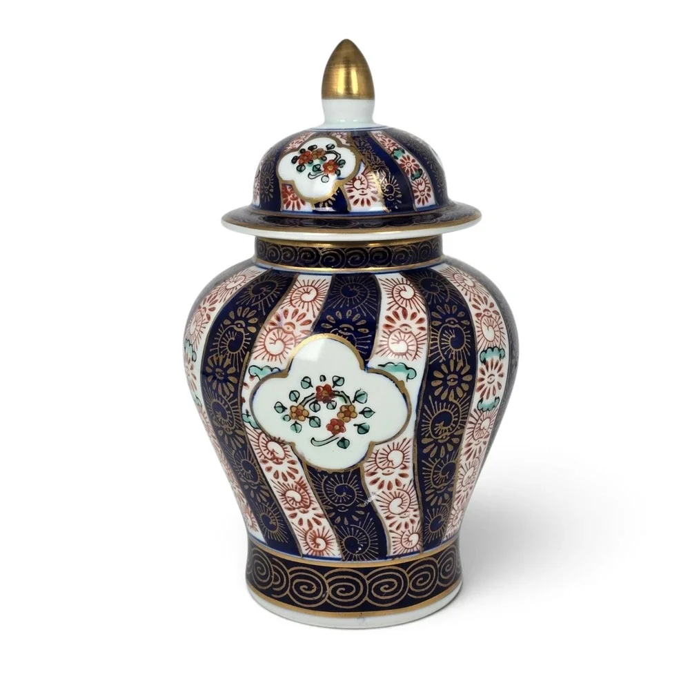 Gold Imari Hand Painted Porcelain Ginger Jar Blue Red Gold Floral 7